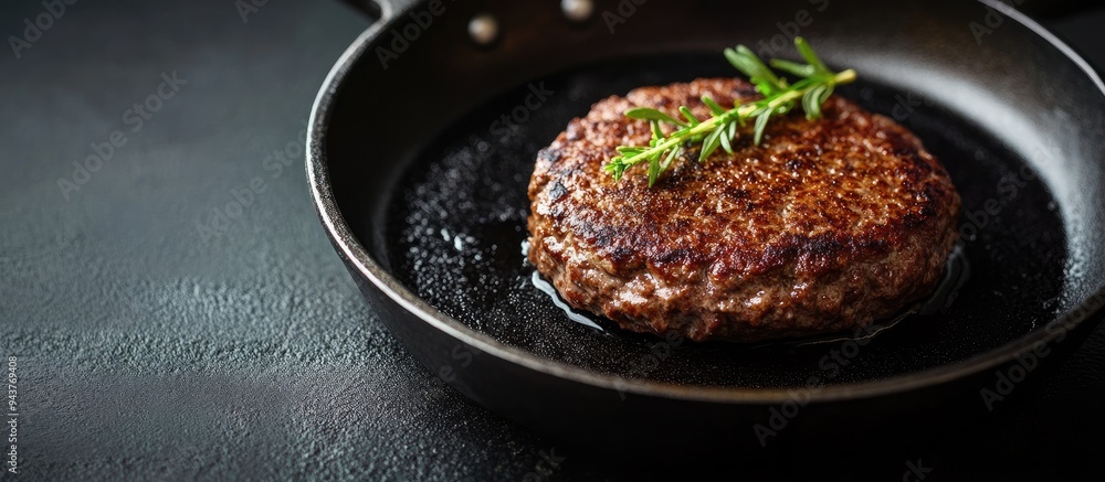 Poster homemade hamburger patty in a skillet pan. with copy space image. place for adding text or design