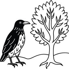 Easy-to-color raven on the ground near a tree great for kids coloring book line art illustration

