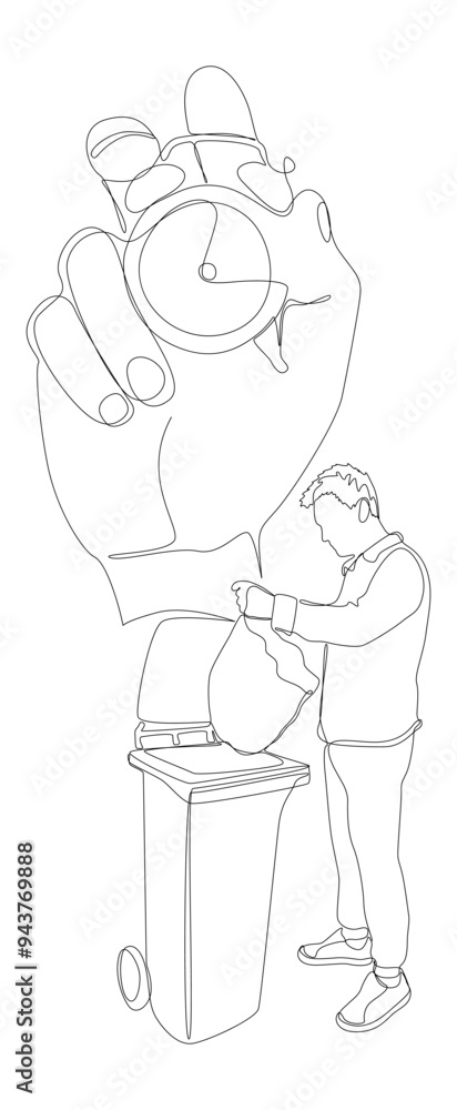 Poster one continuous line of alarm clock and man with garbage bin. thin line illustration vector concept. 