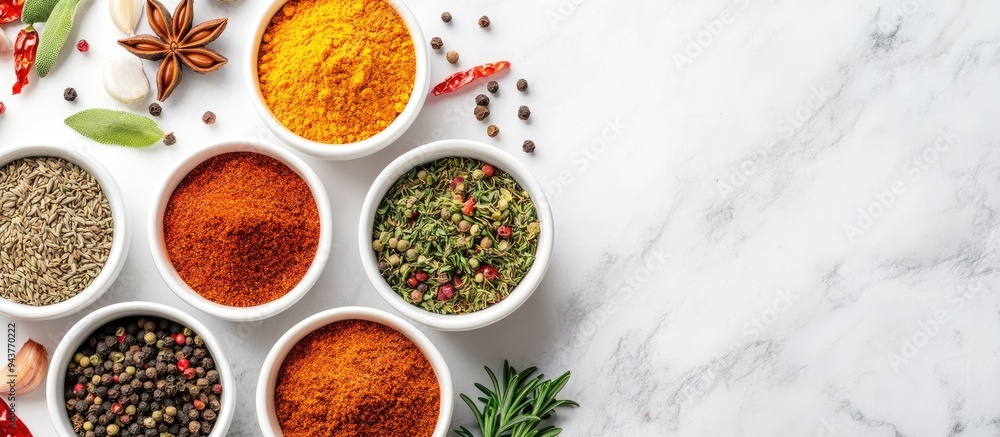 Poster various spices in bowls on a white background top view with copyspace