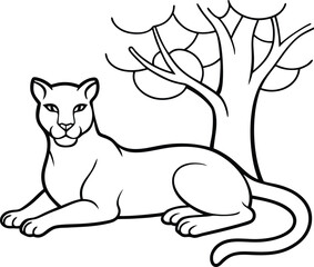 Relaxing puma under a tree line art illustration perfect for kids coloring book fun and creativity
