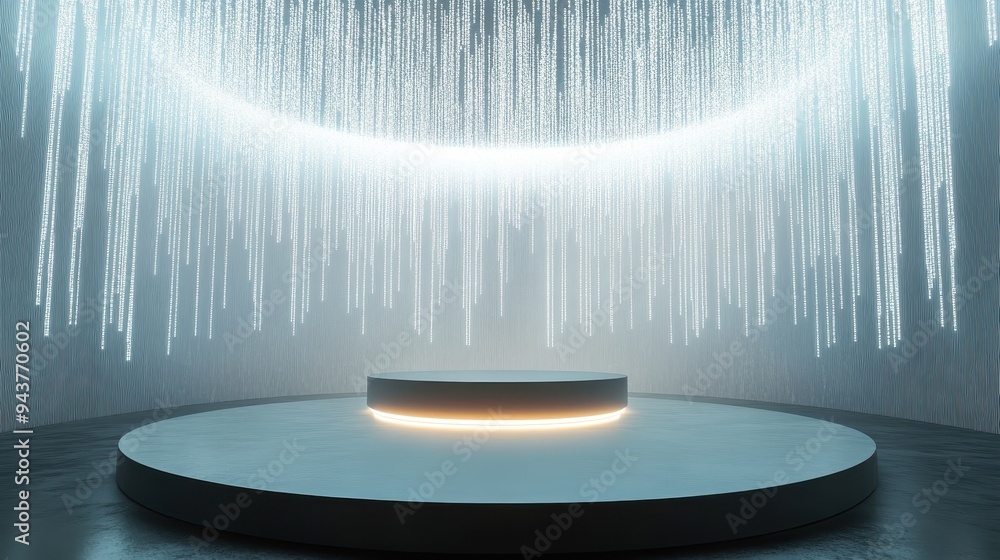 Poster abstract futuristic product display platform with glowing lights and dark background.