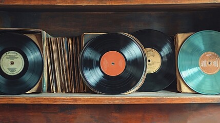 Neatly arranged vinyl records on wooden shelf evoke nostalgic music collection, vintage aesthetic