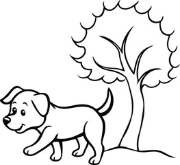 Playful puppy chases its tail under a big tree perfect for kids coloring fun and creativity

