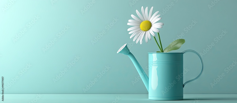 Aufkleber chamomile flower in a blue watering can set against a light mint background summer theme. with copy 