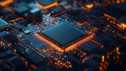 Illuminated Circuit Board with Processor Close Up - Abstract Technology Background.