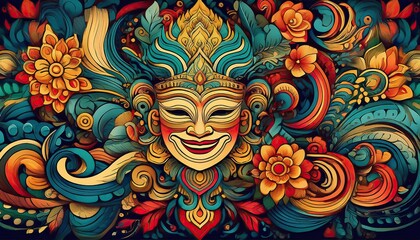Naklejka premium An artistic doodle background with Thai-inspired elements, including traditional masks, curved lines, and ornate borders, in a mix of bold and soft colors.