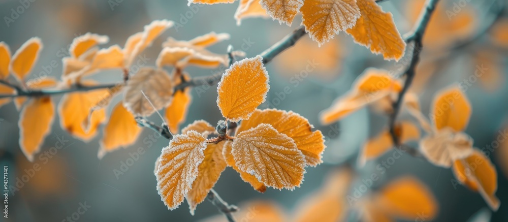 Fototapete Frosty yellow leaves on a tree branch in the garden. with copy space image. Place for adding text or design