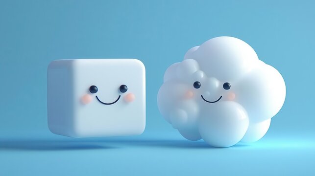 Cheerful cartoon characters, a cube and a cloud, with friendly smiles against a vibrant blue background, perfect for playful designs