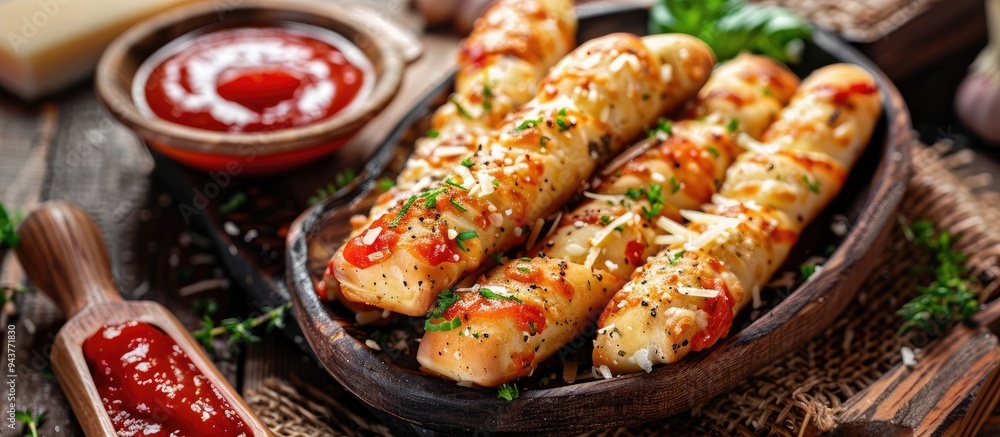 Poster Breadstick bites topped with garlic butter and parmesan cheese served with a dollop of marinara sauce on an elegant white plate. with copy space image. Place for adding text or design