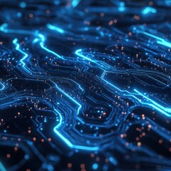 Obraz premium Abstract Blue Circuit Board with Glowing Lines and Bokeh Lights - Technology Background.