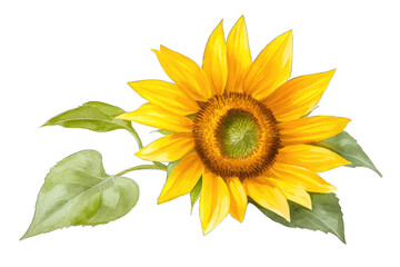 Obraz premium A vibrant sunflower with bright yellow petals and lush green leaves, perfect for adding a touch of nature to any design.