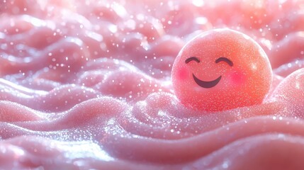 Fototapeta premium A cheerful pink sphere smiles joyfully among soft, fluffy textures creating a whimsical and playful atmosphere