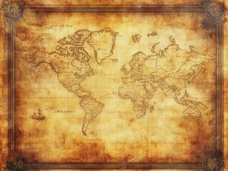 Naklejka premium Vintage World Map with Ornate Frame - Antique Travel and Exploration Background.