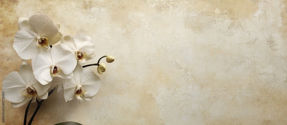 Poster textured vintage paper background featuring a white Phalaenopsis orchid. with copy space image. Place for adding text or design