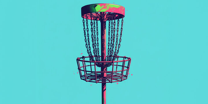 Disc golf basket and chains, Discgolf frisbee sport, neon retro colors