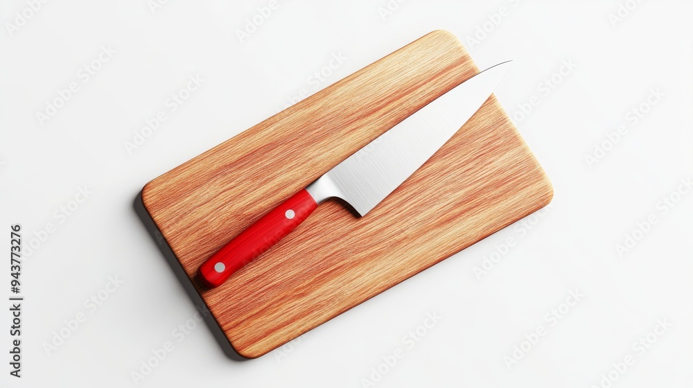 Aufkleber a 3d simple style icon of a wooden cutting board with a sharp knife resting on top isolated against 