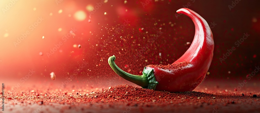Fototapete fresh raw ripe red pepper with powdered spice. with copy space image. place for adding text or desig