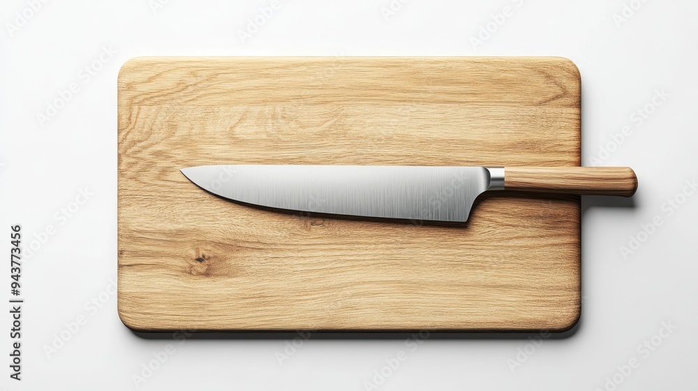 Poster a 3d simple style icon of a wooden cutting board with a sharp knife resting on top isolated against 