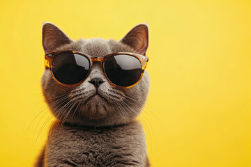 Closeup portrait of a furry gray British cat wearing fashion sunglasses. Funny pet on a bright yellow background. Kitten in eyeglasses. Cool animal concept with copy space for fashion and style.