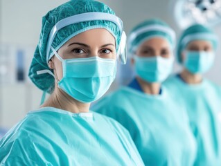 Surgical team in operating room wearing masks and scrubs..