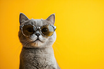 Closeup portrait of a furry gray British cat wearing fashion sunglasses. Funny pet on a bright yellow background. Kitten in eyeglasses. Cool animal concept with copy space for fashion and style.