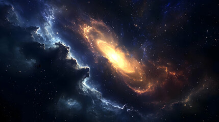 Fototapeta premium A swirling galaxy of yellow, orange, and white dust and gas is seen in the distance, with a blue nebula in the foreground.