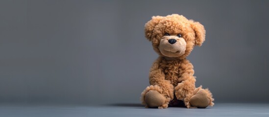 Plush toy dog on a gray background. with copy space image. Place for adding text or design