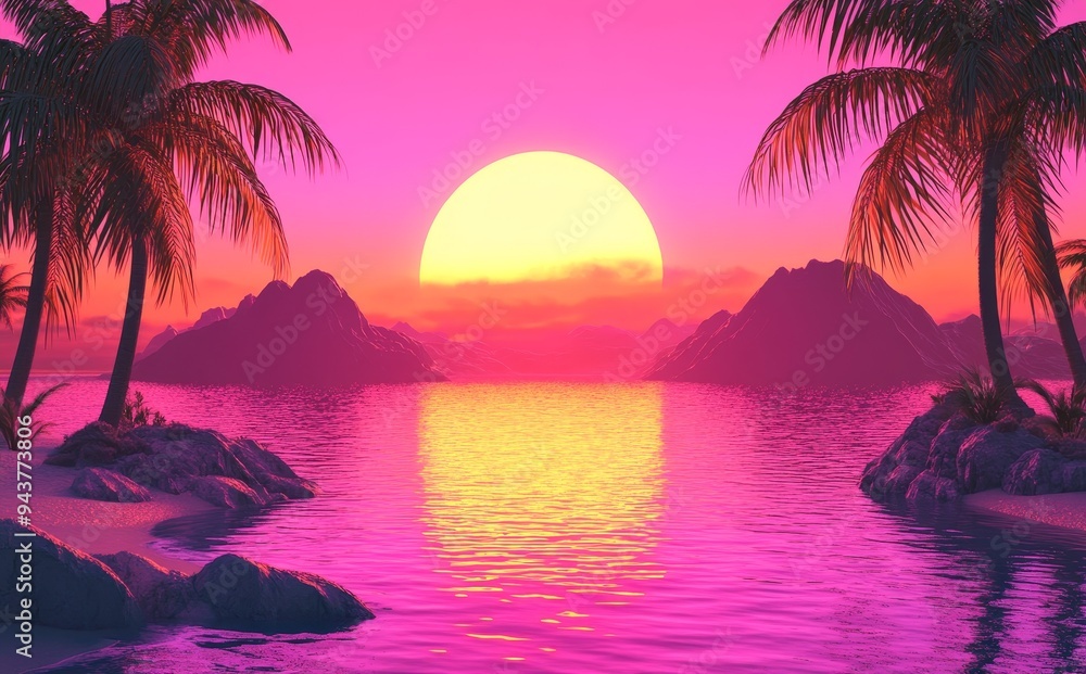 Poster Stock image of neon synthwave background with palm trees, water, and red light rays