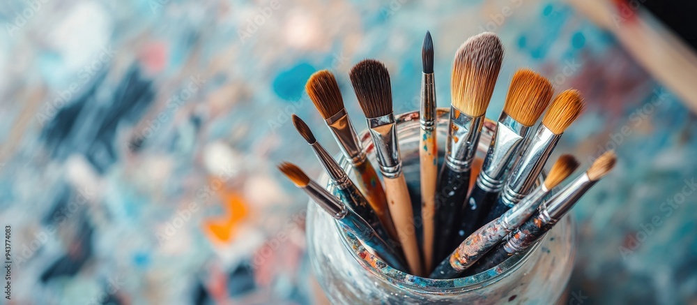 Aufkleber Top view close up of various paint brushes in a glass jar within a pottery studio. with copy space image. Place for adding text or design