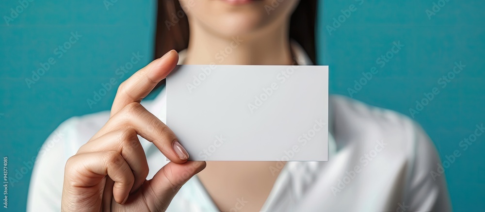 Poster a woman s hand is holding a blank white business card against a blue background serving as a mockup.