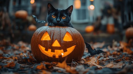 Black cat resting paws on jack o lantern on porch of house with fall leaves and bats in background