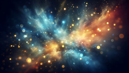 Fototapeta premium A vibrant abstract background featuring a blend of soft blue and gold tones illuminated by glimmering bokeh effects. Sparkling particles create a sense of golden and blue lights
