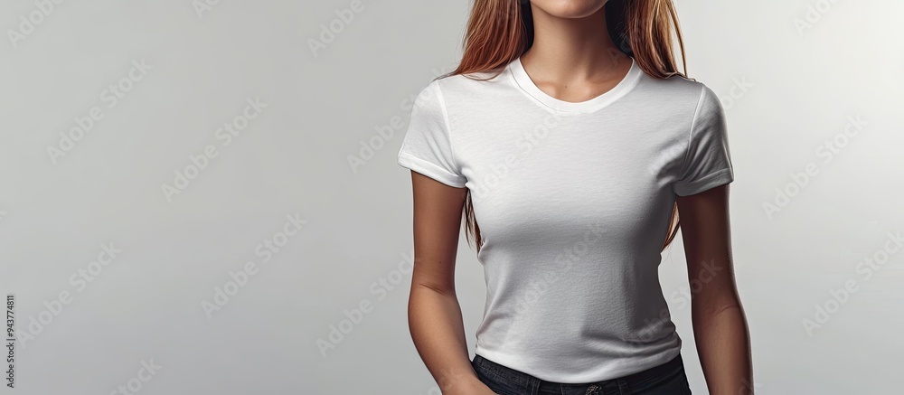 Poster mock up of a plain white t shirt girl dressed in a plain white t shirt. with copy space image. place