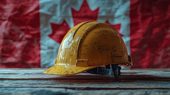 Yellow construction helmet in front of a Canadian flag background