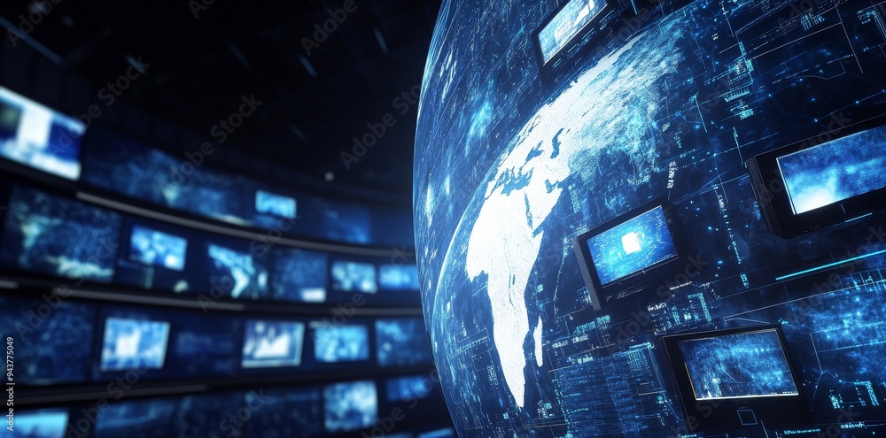 Poster image of a global networked digital globe with media content floating around it. the image represent