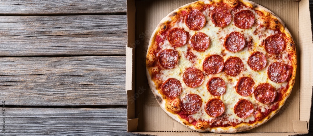 Poster pizza topped with salami sausage and parmesan cheese in a cardboard box on a wooden table top view. 