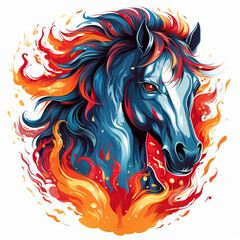 A fiery blue horse with red and orange flames engulfing its mane.