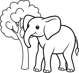Fototapeta premium Simple line art of an elephant beneath a tree ideal for kids' coloring books and creative play 