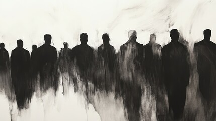 Stock image of a crowd in black and white, silhouetted against a white background with brush strokes and fine lines.