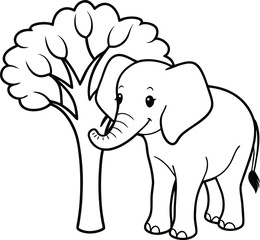 Delight children with a charming elephant under a tree in this fun line art drawing for coloring
