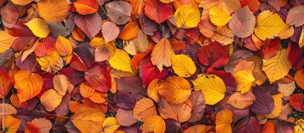 Poster Colorful autumn background pattern vibrant carpet of fallen leaves in the forest. with copy space image. Place for adding text or design
