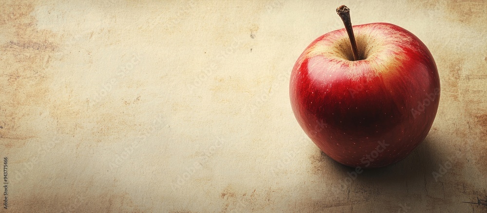 Poster textured vintage paper background featuring a red apple. with copy space image. place for adding tex