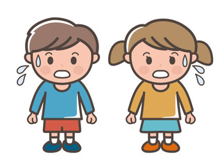焦って冷や汗をかく男の子と女の子の全身イラスト（小学生、幼児、子供）