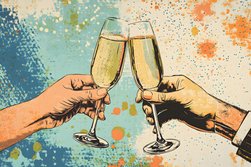 Hands with champagne glass clinking, New Year, Christmas, holiday, halftone effect, pixel vector illustration, National Wine Day