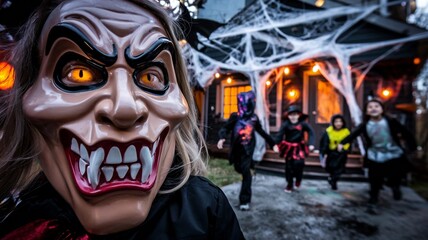 Children Playing Near a Haunted House with Spooky Mask