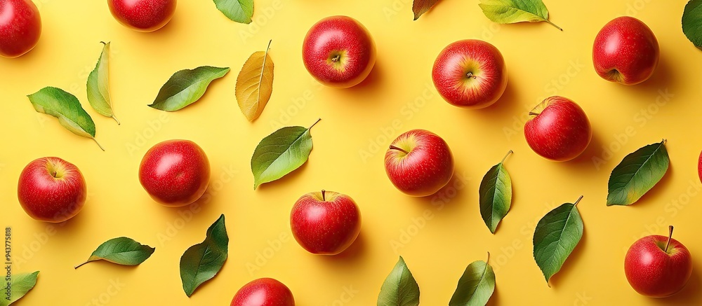 Aufkleber pattern featuring small red apples and green leaves accompanied by dark shadows on a yellow backgrou