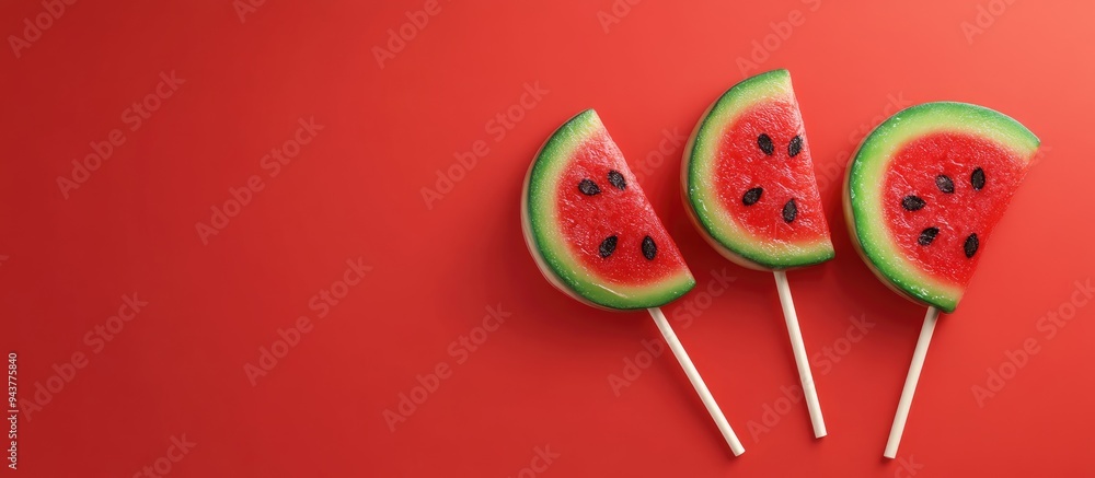 Aufkleber Watermelon slice shaped lollipops on a red background. with copy space image. Place for adding text or design