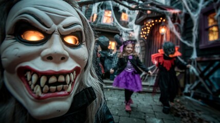 Children Playing Near a Haunted House with Spooky Mask
