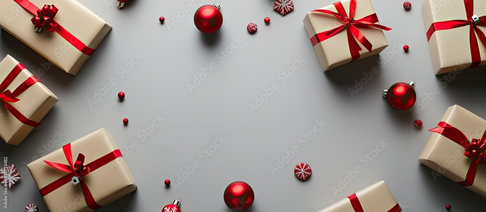 Aufkleber numerous christmas gift boxes adorned with red ribbon and candy are set against a grey background co